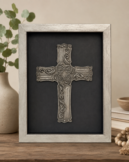 Silver Scroll work cross in shadow box - Image 2