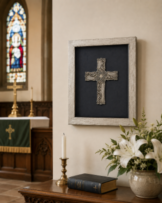 Silver Scroll work cross in shadow box